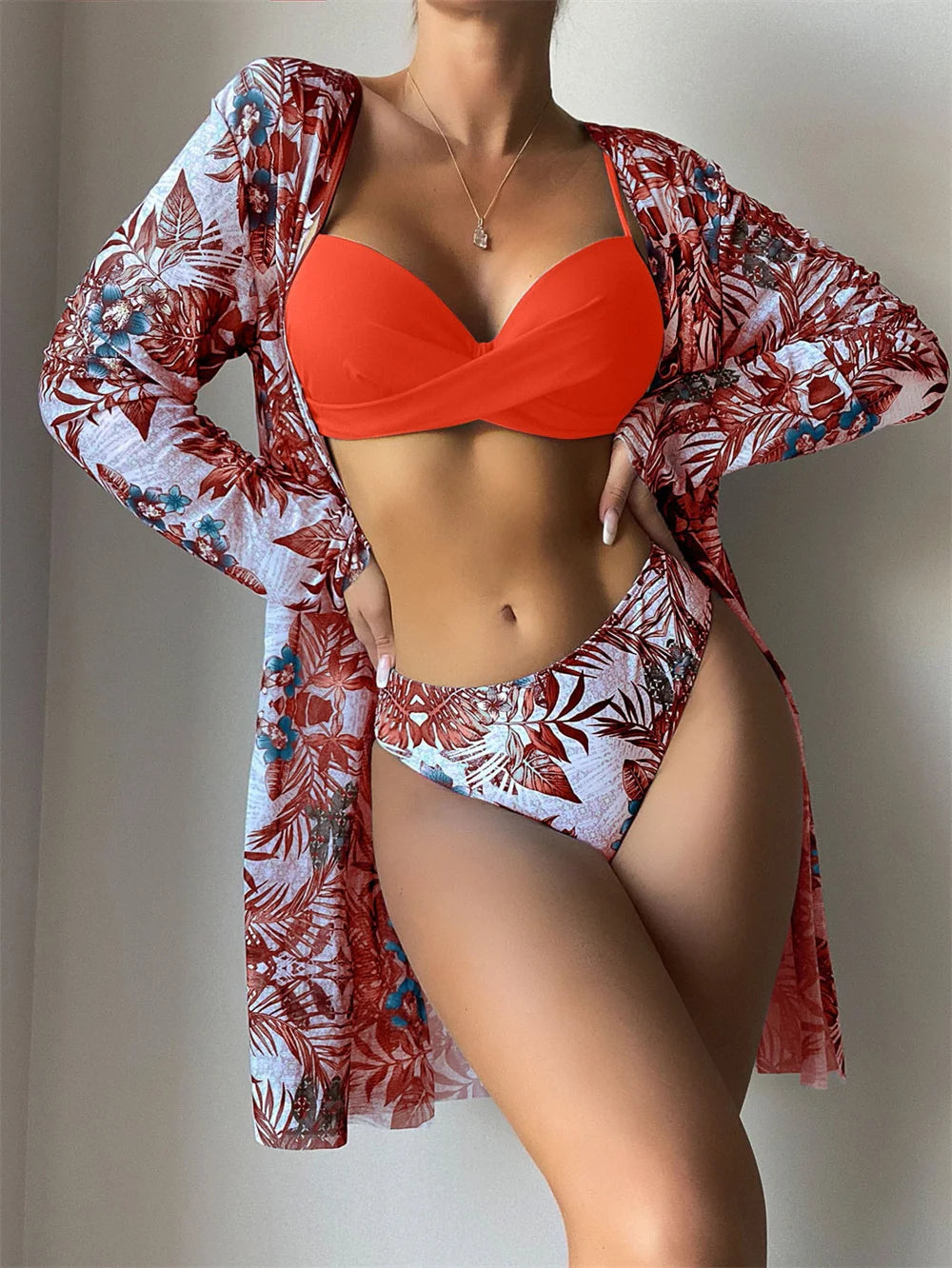 [European and American three-piece bikini] printed long blouse split triangle bikini multicolor Amazon swimsuit