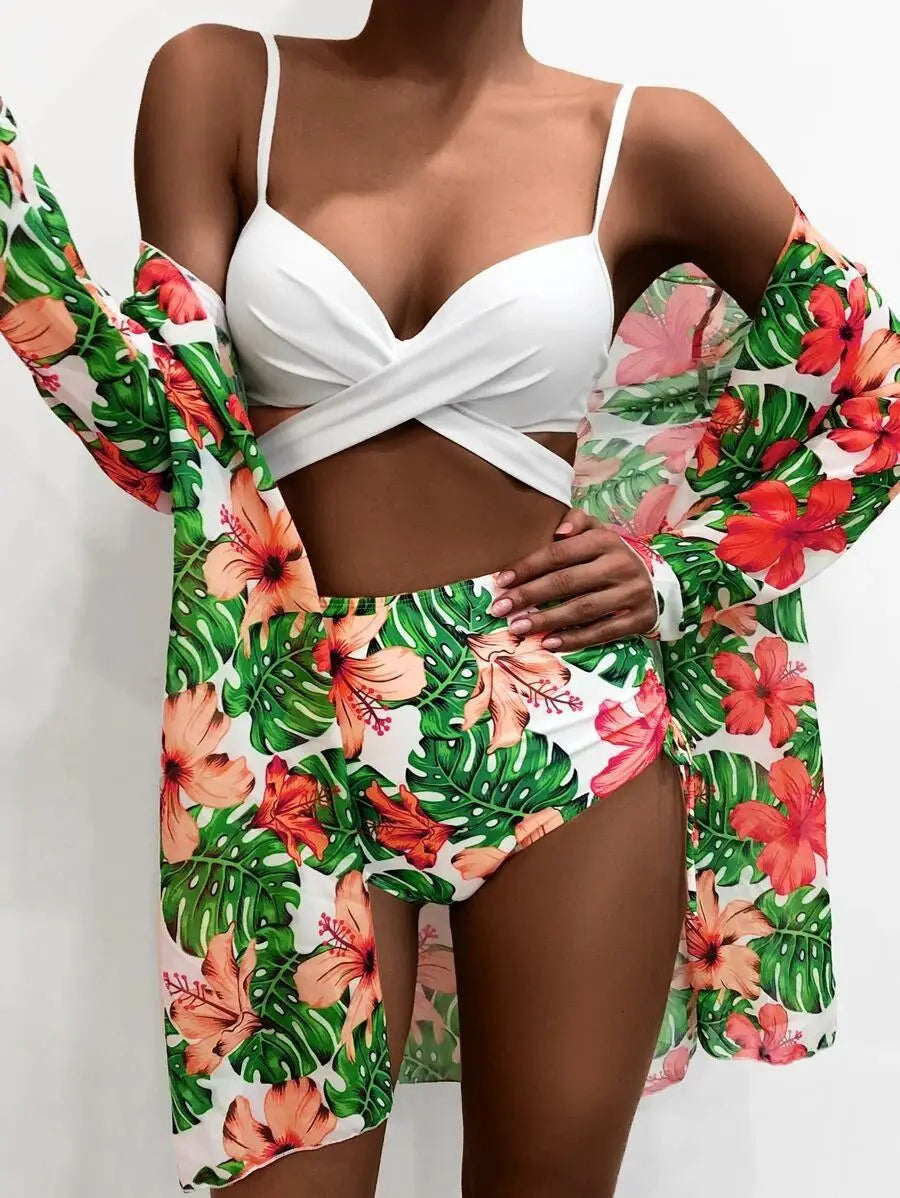 [European and American three-piece bikini] printed long blouse split triangle bikini multicolor Amazon swimsuit