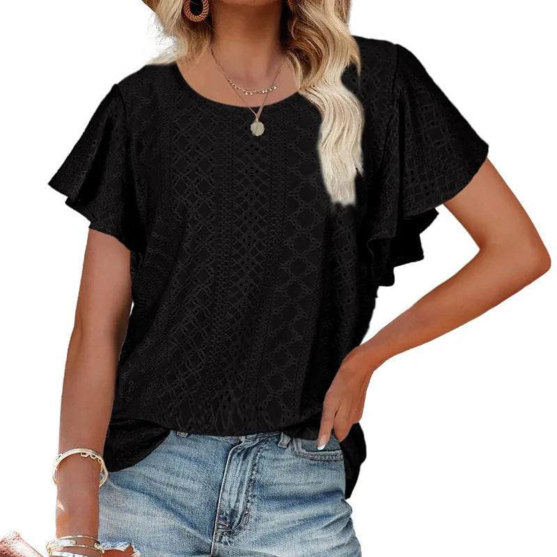 2023 European and American Amazon summer new women's tops hollowed out waist round neck lotus leaf sleeves casual T-shirt women