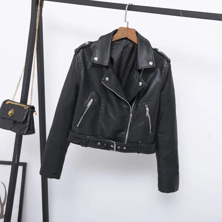 2023 autumn new epaulet lapel short belt women's PU leather jacket simple leather jacket Haining motorcycle jacket