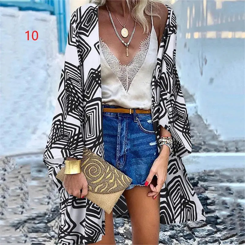 Women's 2022 Europe and America Cross Border Trendy New Casual Fashion Vacation Batwing Long Sleeve Cardigan Printed Top