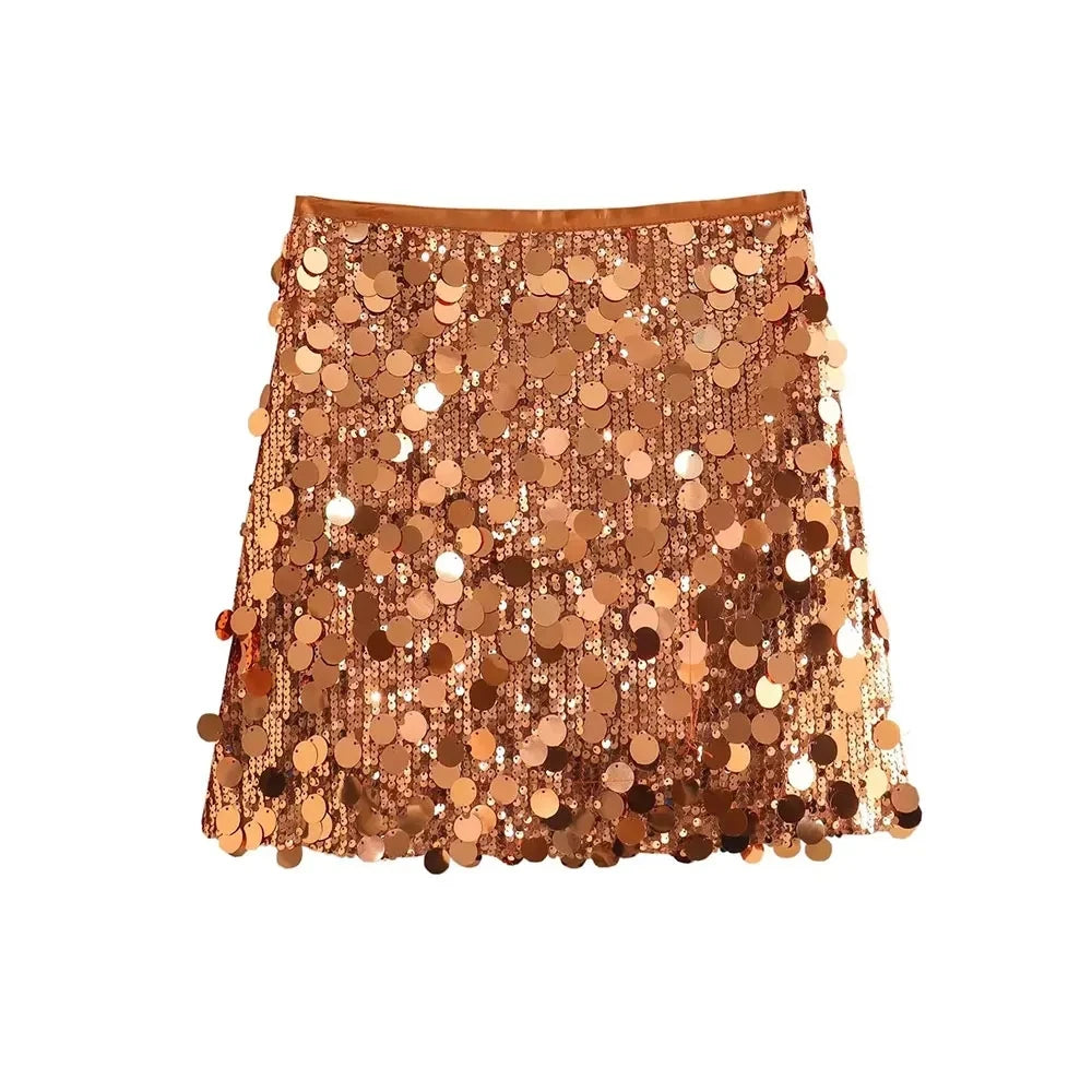 2023 Winter New European and American Style Sexy A-line Skirt High Waist Hip-wrapped Sequined Mini Skirt Women