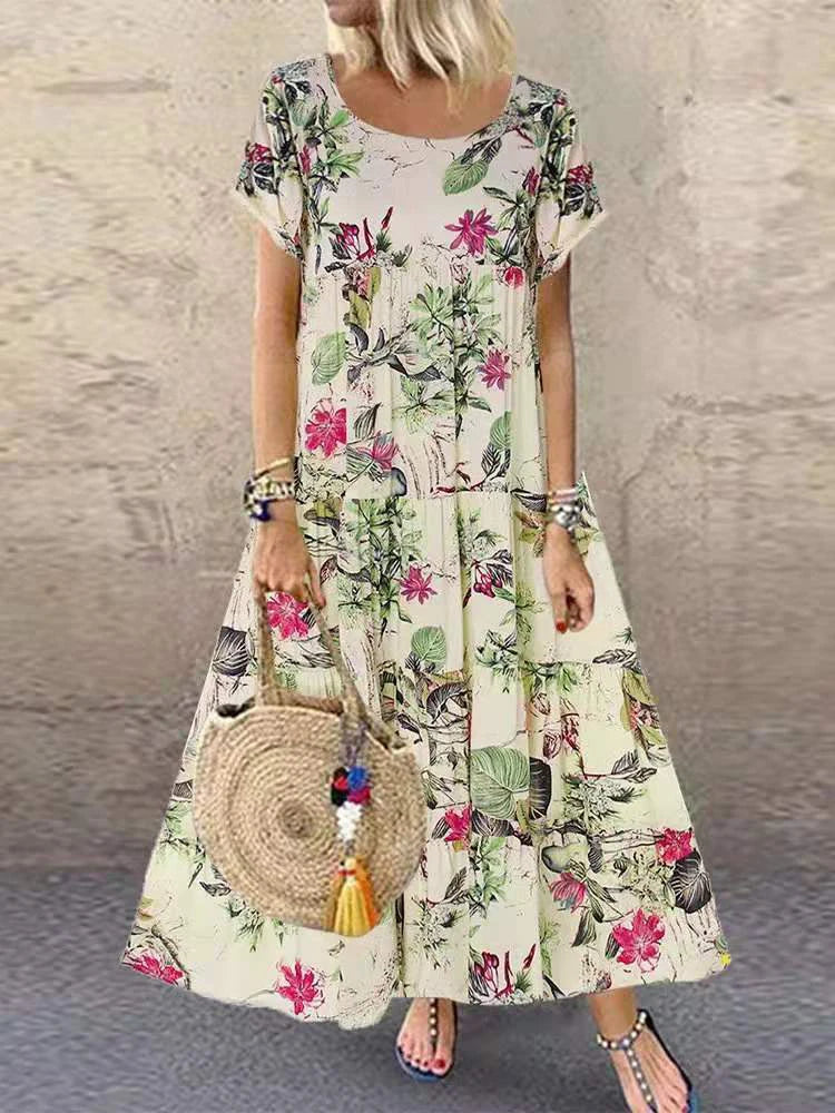 2022 Amazon Wish independent station hot style women's retro floral print short-sleeved round neck dress