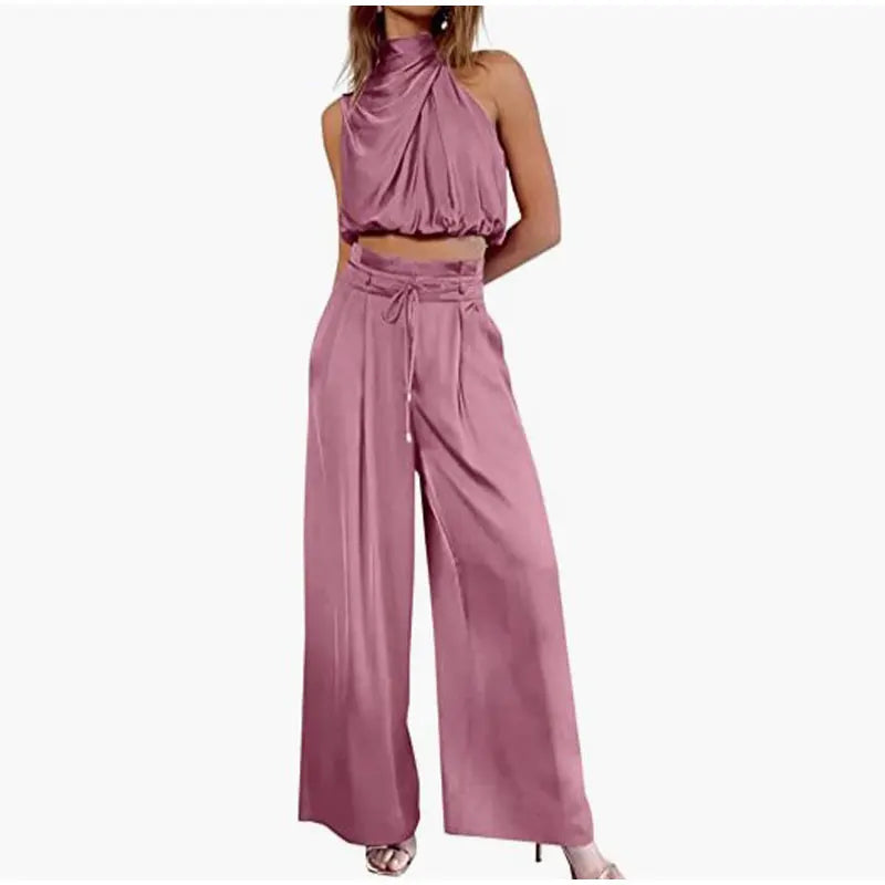 Women's 2-Piece Suit 2023 Summer Casual Sleeveless Collar Midriff-Baring Top Wide Leg Pants Suit