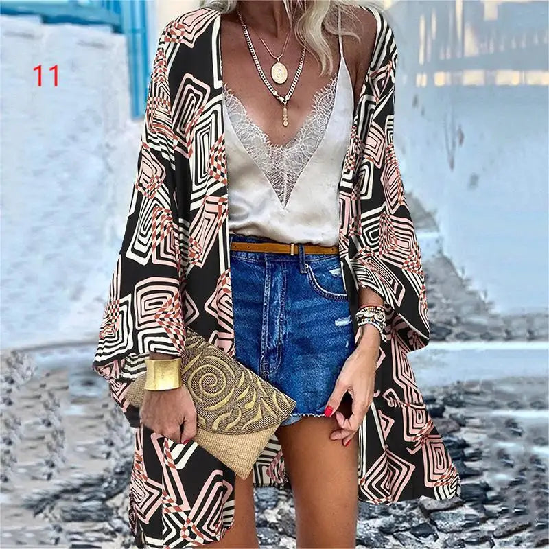 Women's 2022 Europe and America Cross Border Trendy New Casual Fashion Vacation Batwing Long Sleeve Cardigan Printed Top