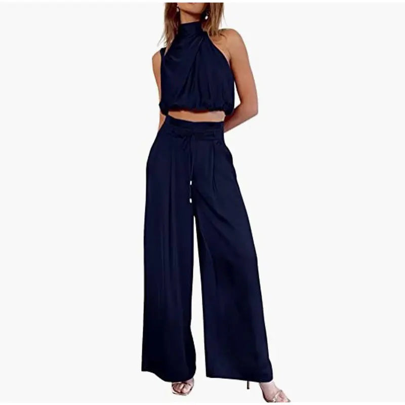 Women's 2-Piece Suit 2023 Summer Casual Sleeveless Collar Midriff-Baring Top Wide Leg Pants Suit