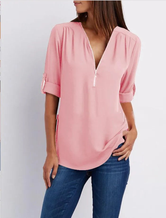 2023ebay European and American shirt V-neck zipper large size women's long sleeves rollable sleeves loose chiffon shirt European and American