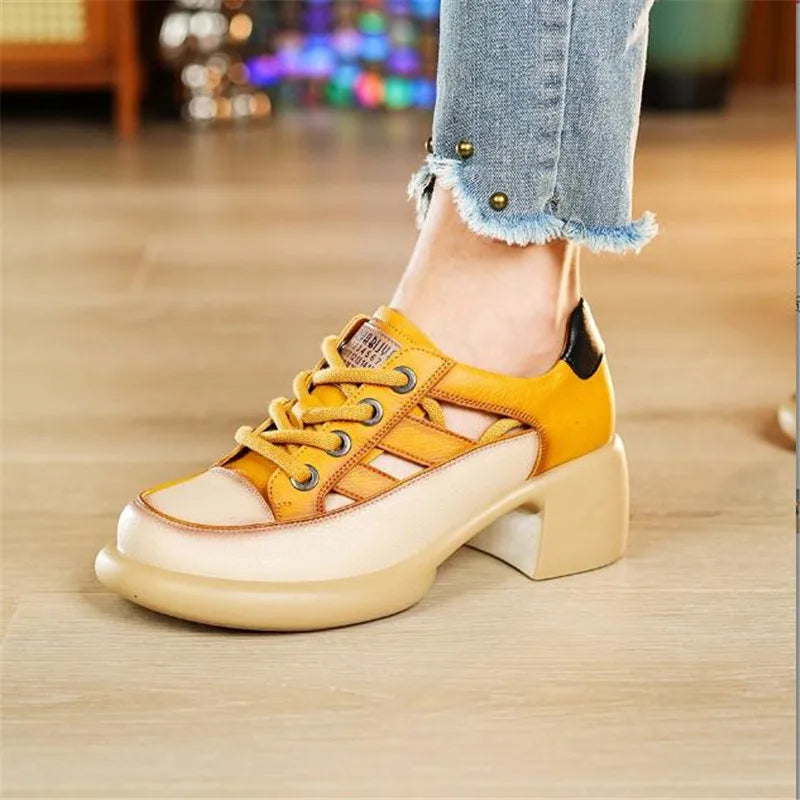 23 summer new round toe fashion high-top sandals women's thick heel outer wear lace-up casual retro hollow Roman sandals