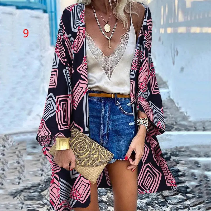 Women's 2022 Europe and America Cross Border Trendy New Casual Fashion Vacation Batwing Long Sleeve Cardigan Printed Top