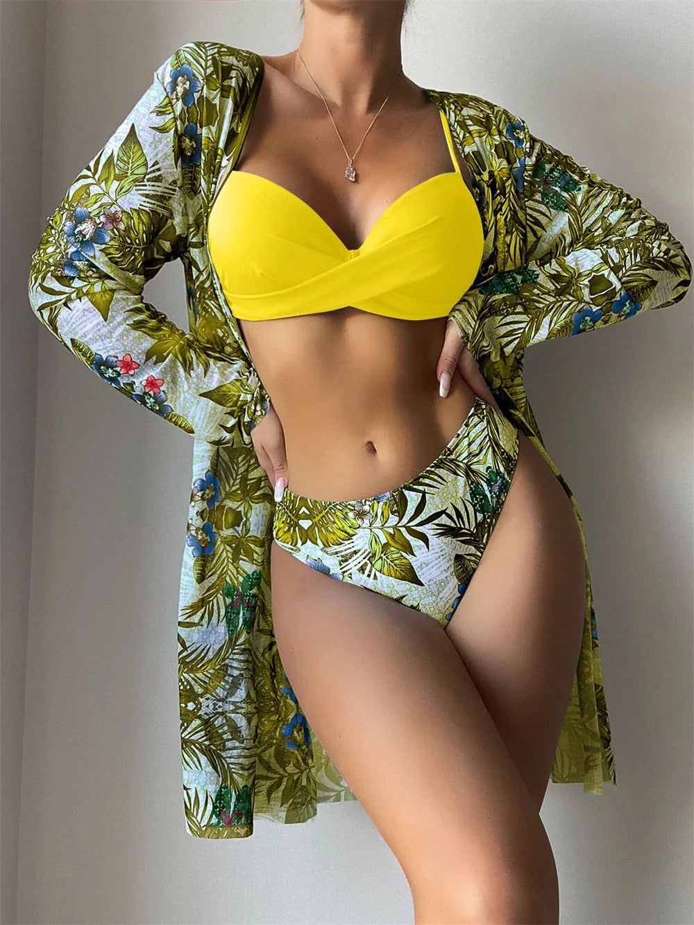 [European and American three-piece bikini] printed long blouse split triangle bikini multicolor Amazon swimsuit