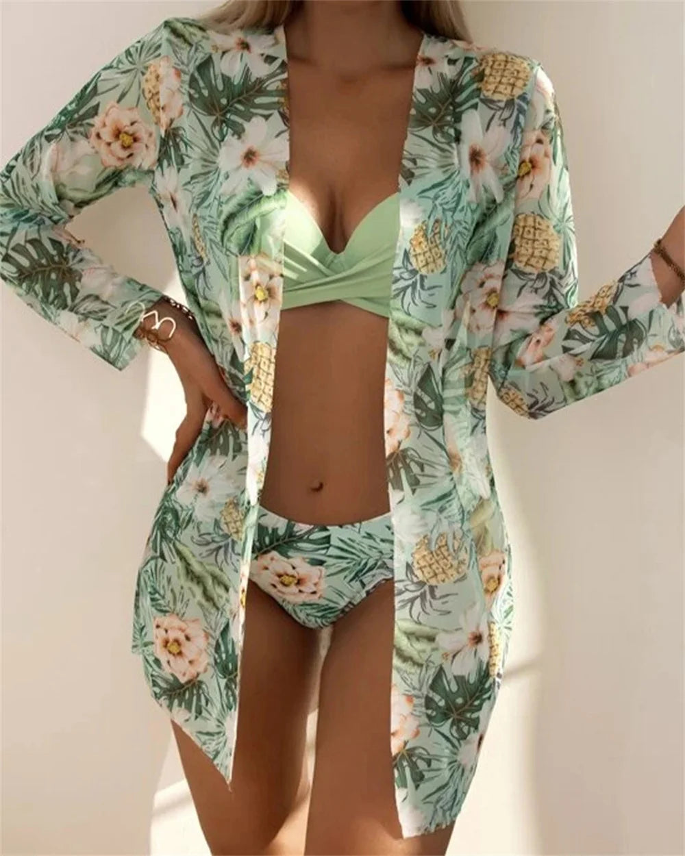 [European and American three-piece bikini] printed long blouse split triangle bikini multicolor Amazon swimsuit