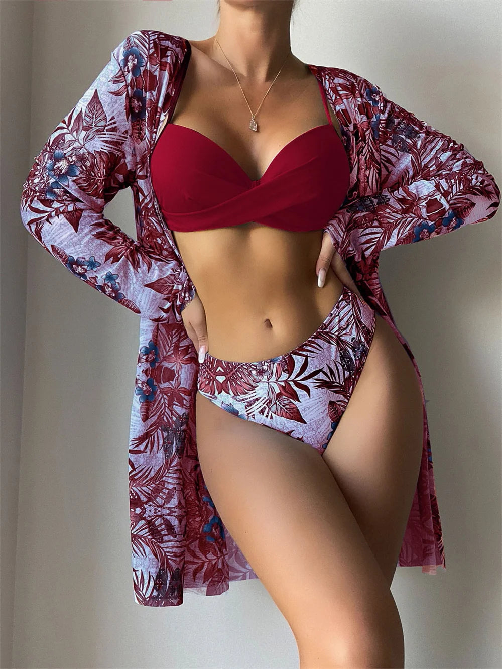 [European and American three-piece bikini] printed long blouse split triangle bikini multicolor Amazon swimsuit