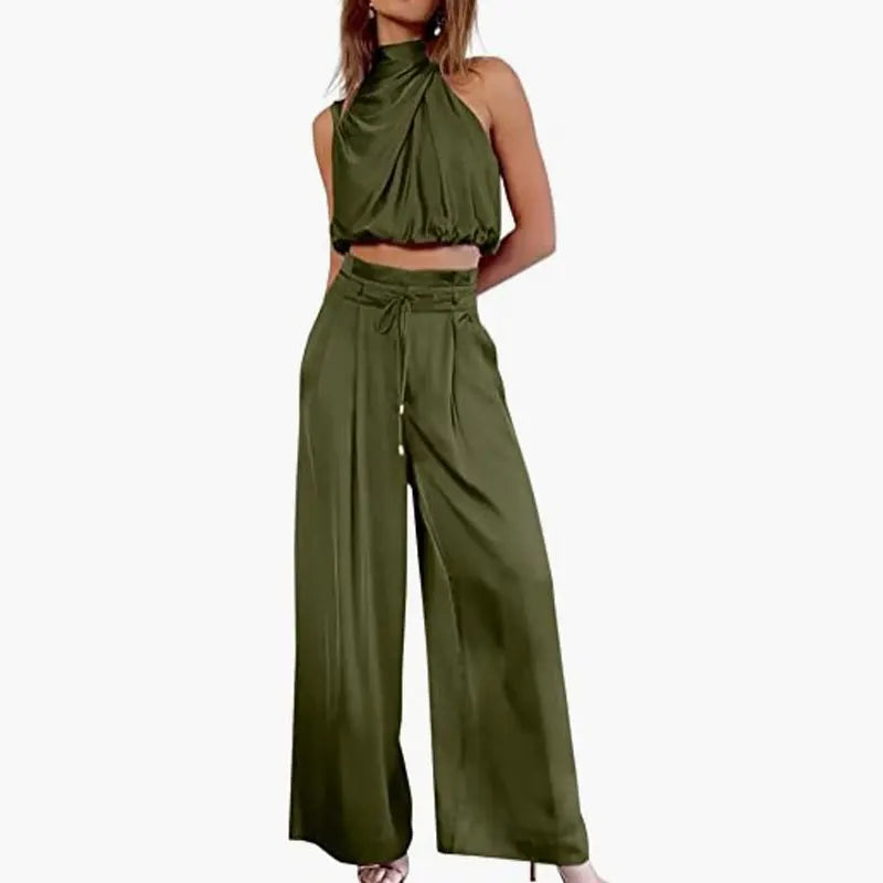 Women's 2-Piece Suit 2023 Summer Casual Sleeveless Collar Midriff-Baring Top Wide Leg Pants Suit