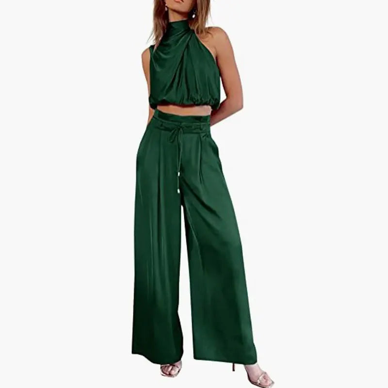 Women's 2-Piece Suit 2023 Summer Casual Sleeveless Collar Midriff-Baring Top Wide Leg Pants Suit