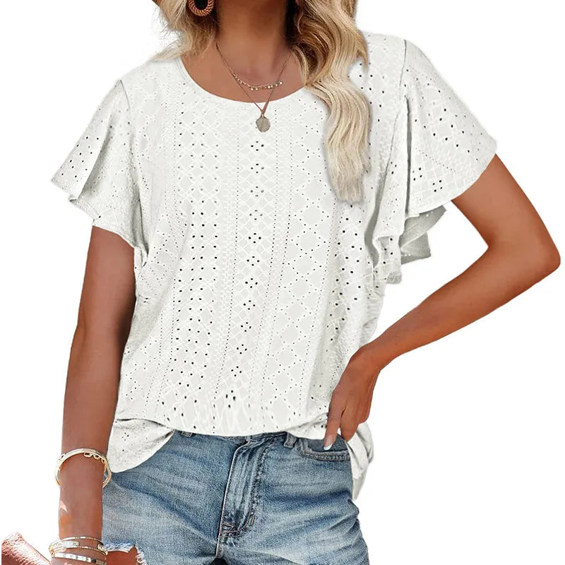 2023 European and American Amazon summer new women's tops hollowed out waist round neck lotus leaf sleeves casual T-shirt women