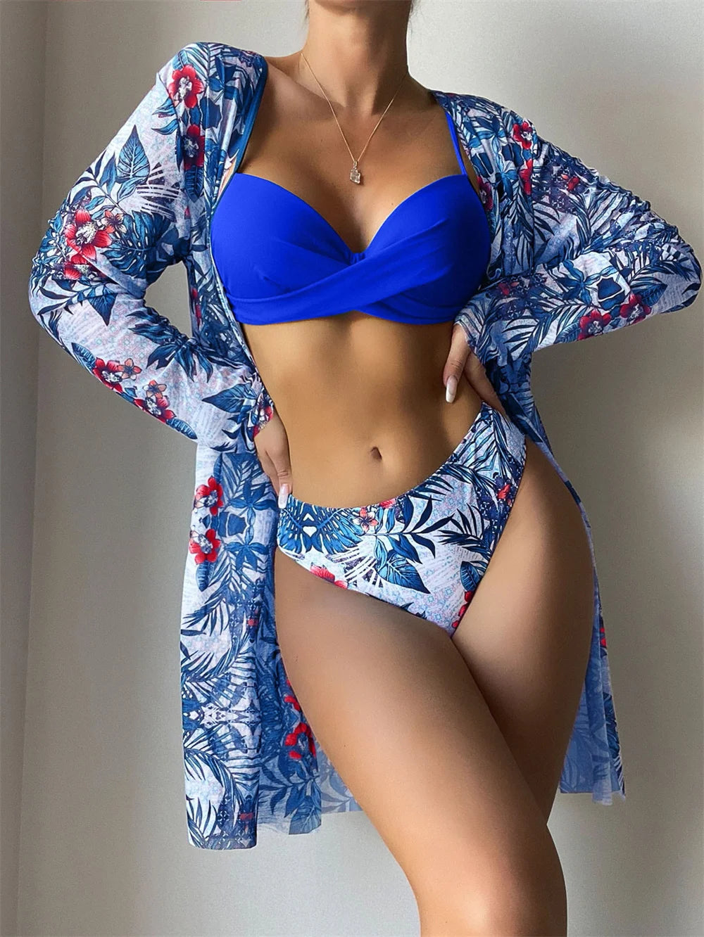 [European and American three-piece bikini] printed long blouse split triangle bikini multicolor Amazon swimsuit