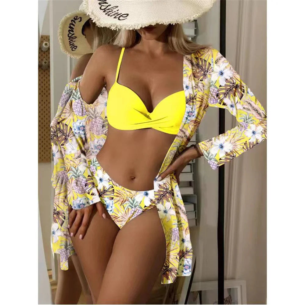 [European and American three-piece bikini] printed long blouse split triangle bikini multicolor Amazon swimsuit