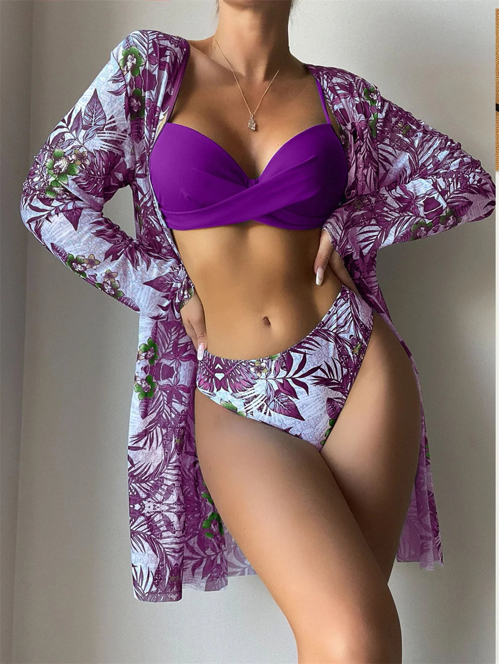 [European and American three-piece bikini] printed long blouse split triangle bikini multicolor Amazon swimsuit