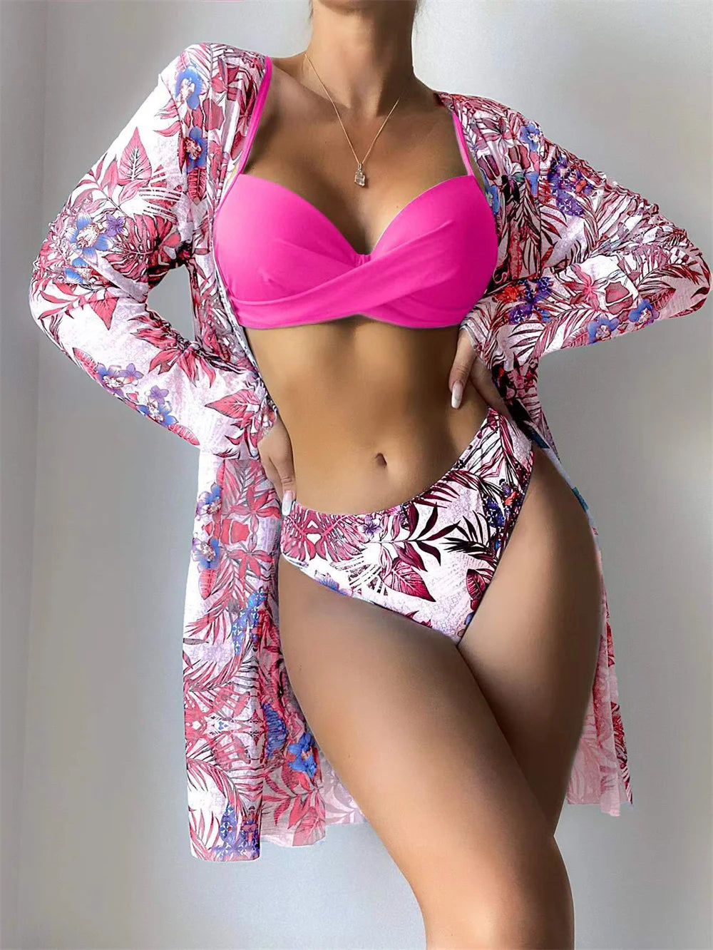 [European and American three-piece bikini] printed long blouse split triangle bikini multicolor Amazon swimsuit