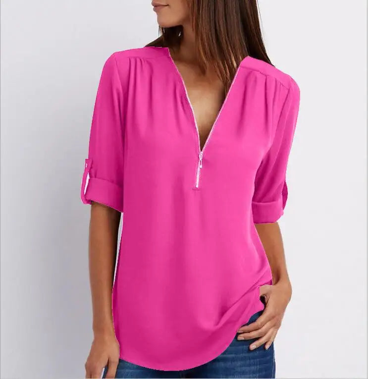 2023ebay European and American shirt V-neck zipper large size women's long sleeves rollable sleeves loose chiffon shirt European and American