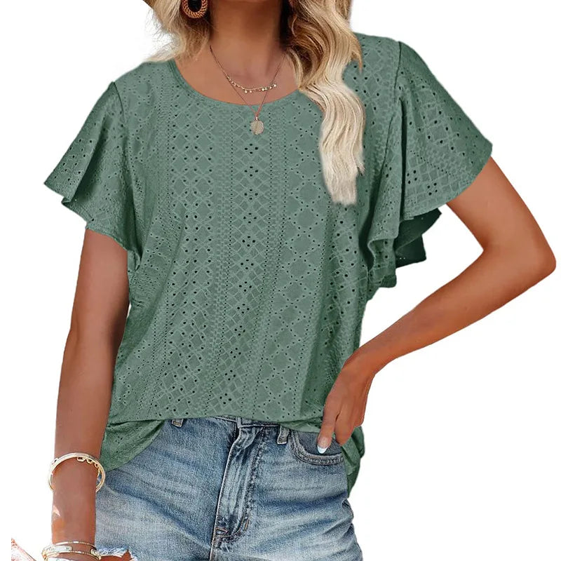 2023 European and American Amazon summer new women's tops hollowed out waist round neck lotus leaf sleeves casual T-shirt women