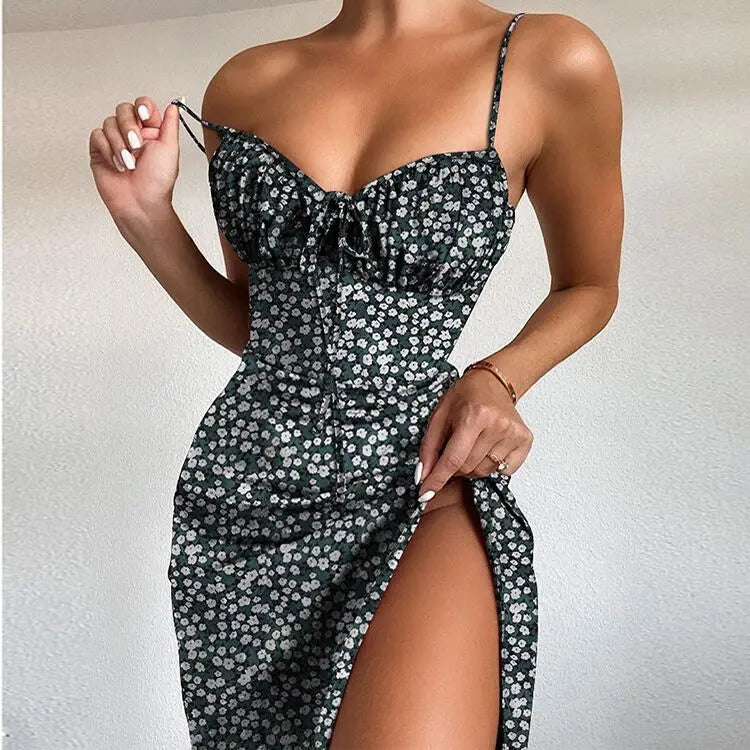 2024 New European and American Amazon Cross-border Summer Hot Selling Suspender Floral Slit Dress Sexy Floral Dress Women