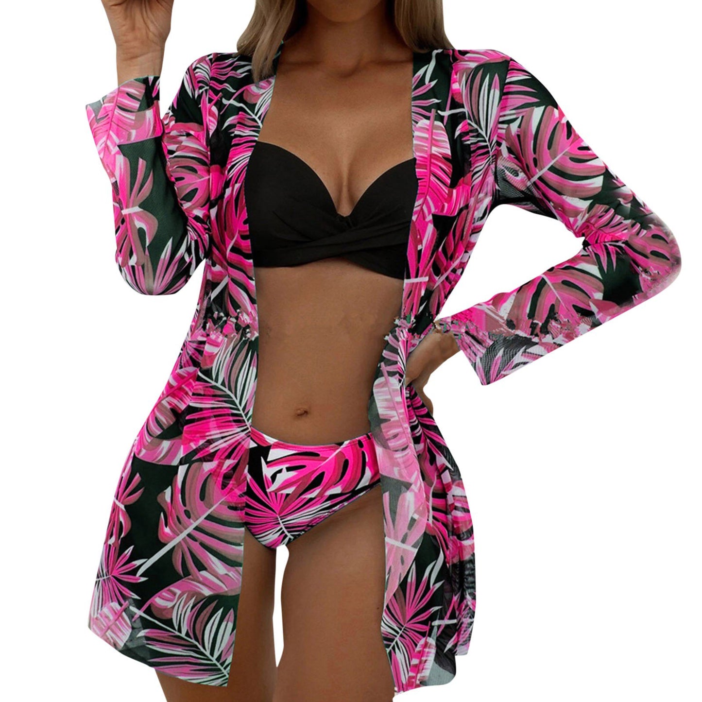 [European and American three-piece bikini] printed long blouse split triangle bikini multicolor Amazon swimsuit