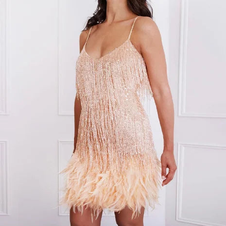 2023 Summer New Fashion Tassel Sequin Feather Stitching Dress Color Dress Amazon Explosive Spot Women