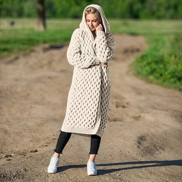 2021 cross-border autumn and winter warm new solid color fashion women's long knitted sweater hooded cardigan coat