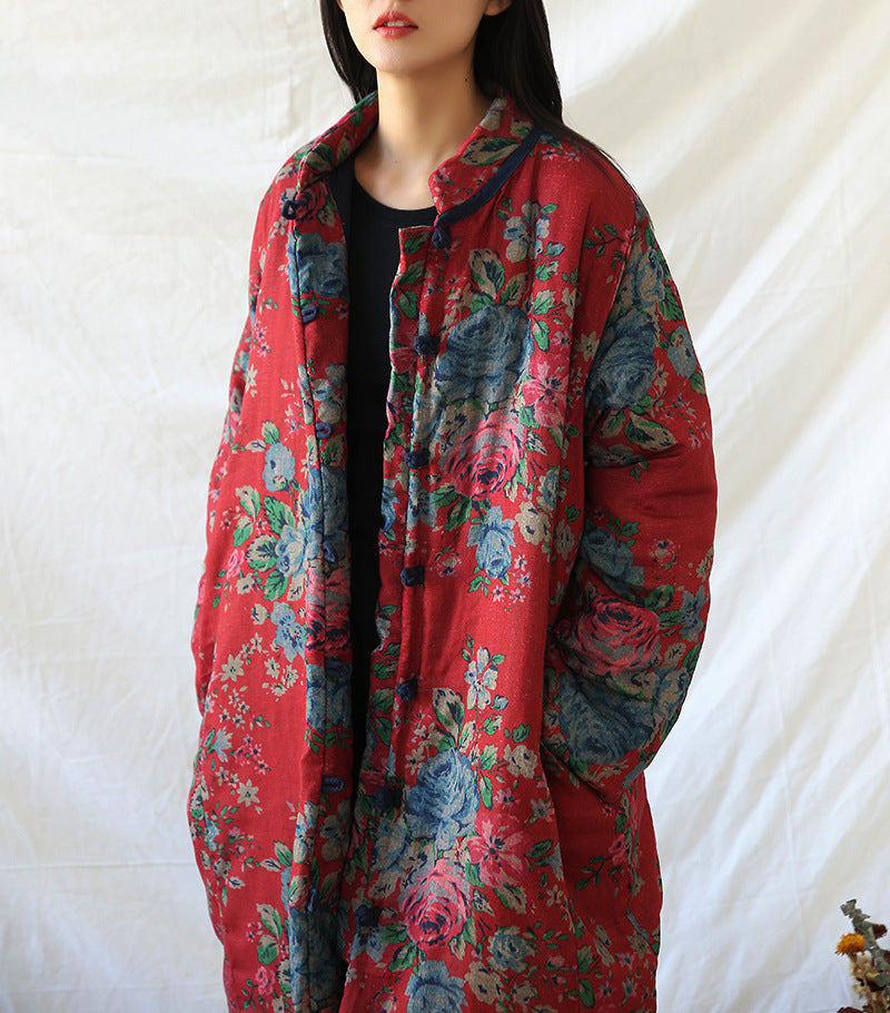 Winter Cotton And Linen Women Retro Art Floral Print Cotton Clothing Cotton Coat