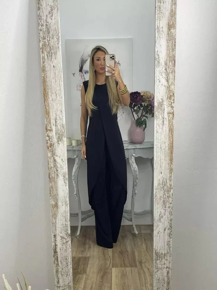 2023 European and American summer new casual sleeveless loose round neck trousers two-piece set for women